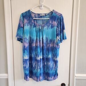 Susan Graver Top Women's M Blue Purple Tie Dye Short Sleeve Silky Liquid Knit